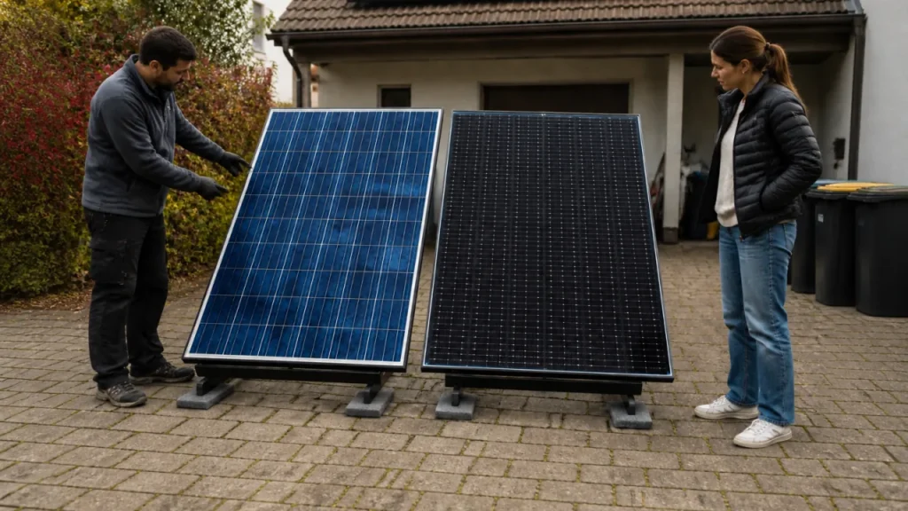 Ein blaues polykristallines und ein dunkles monokristallines Solarmodul stehen zum direkten Vergleich nebeneinander.