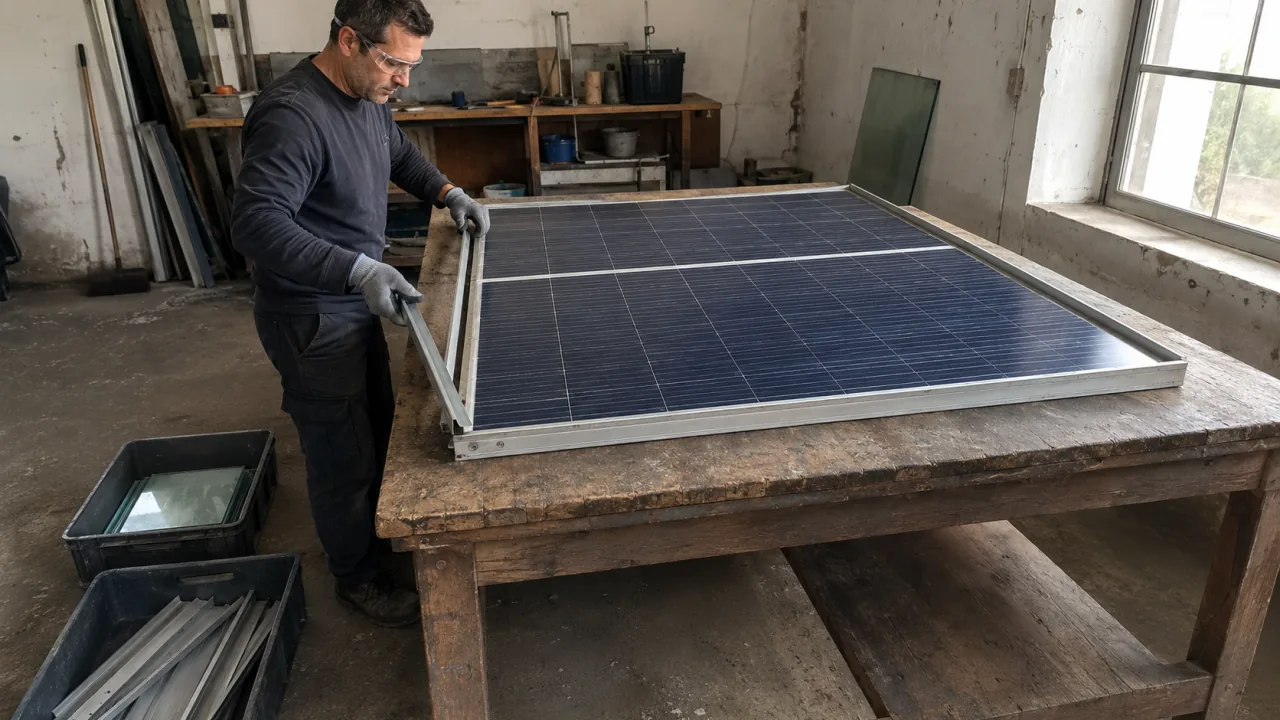 Eine Fachkraft löst in einer Werkstatt den Aluminiumrahmen eines Solarmoduls neben Behältern für Metall und Glas.