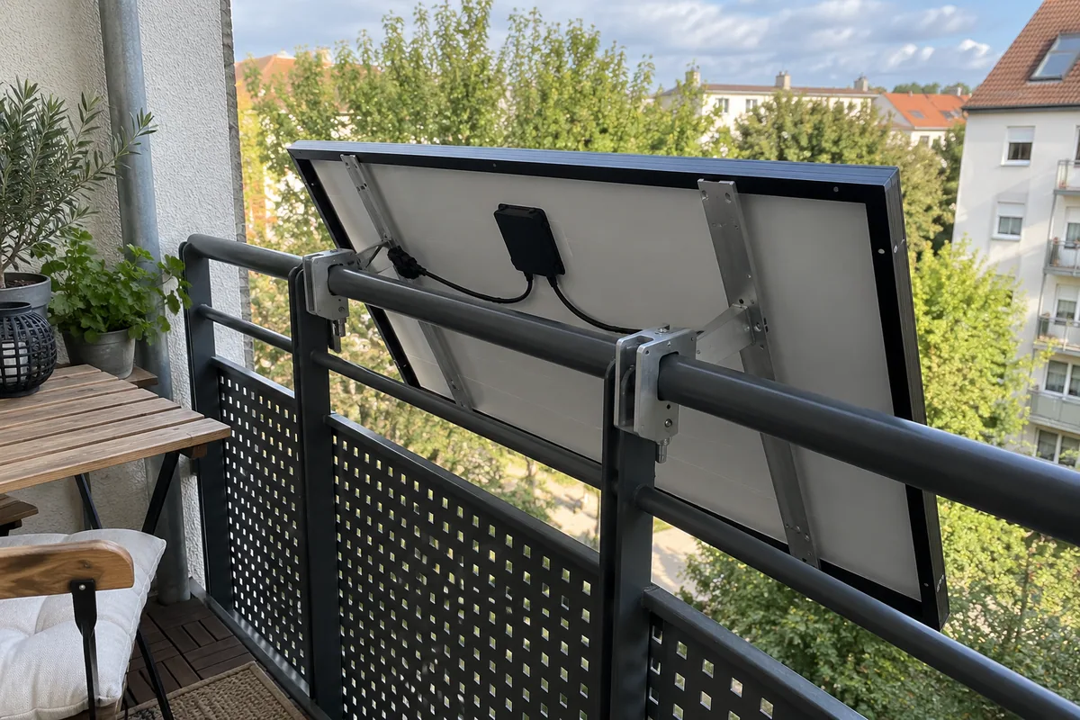Von der Balkonseite sind Rückseite, Rahmen und Halterung eines außen montierten Solarmoduls zu sehen.