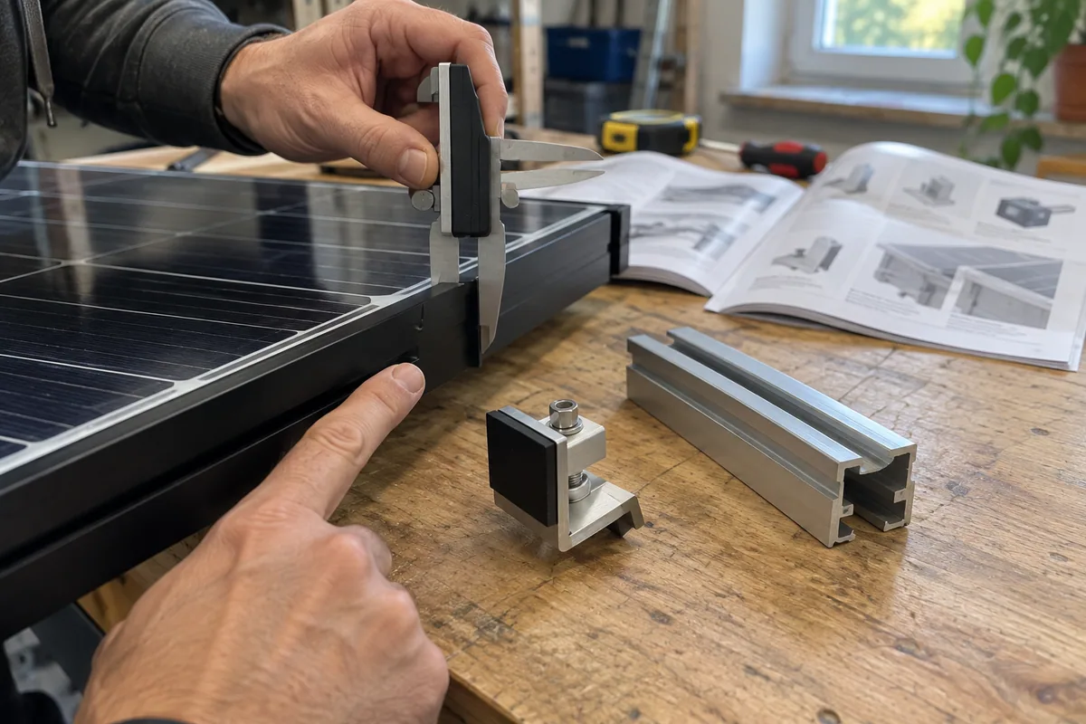 Hände messen die Rahmenhöhe eines Solarmoduls und vergleichen Klemme und Montageunterlagen.