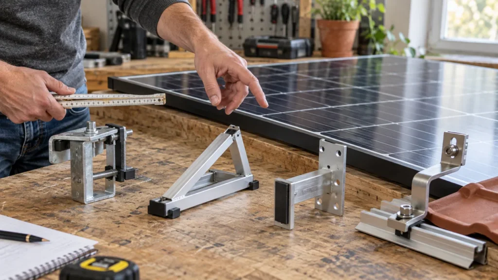 Eine Hand vergleicht am Rahmen eines Solarmoduls vier unterschiedliche Halterungsarten.