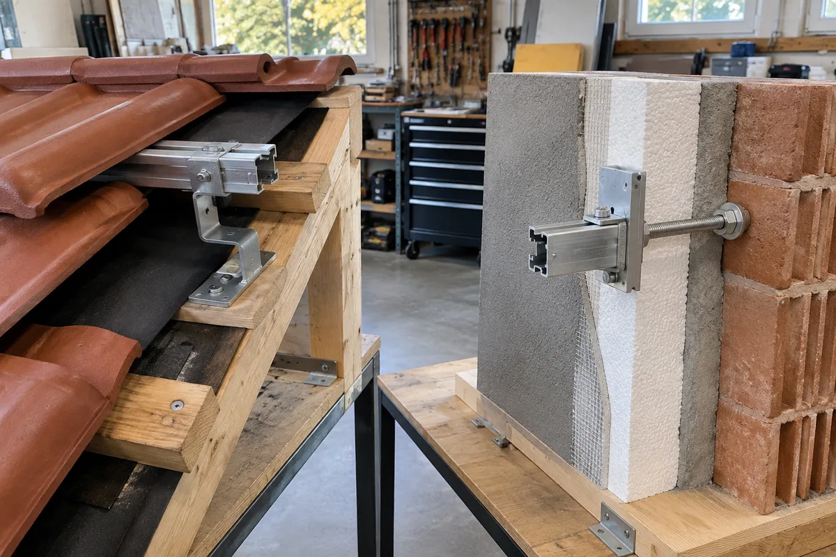 Bodennahe Dach- und Wandmodelle zeigen Befestigungen bis in Sparren und Mauerwerk.