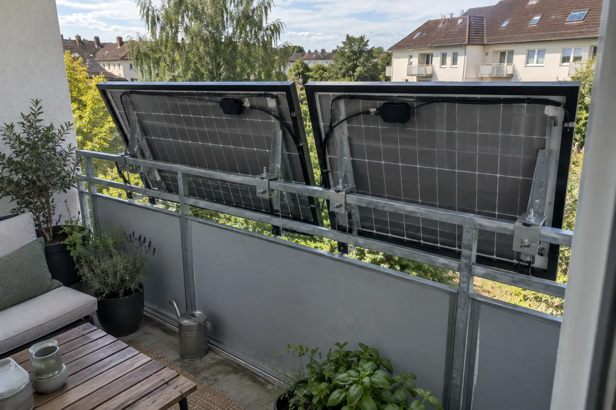 Vom Balkon aus sichtbare Rückseiten und Halterungen zweier außen am Geländer montierter Solarmodule.