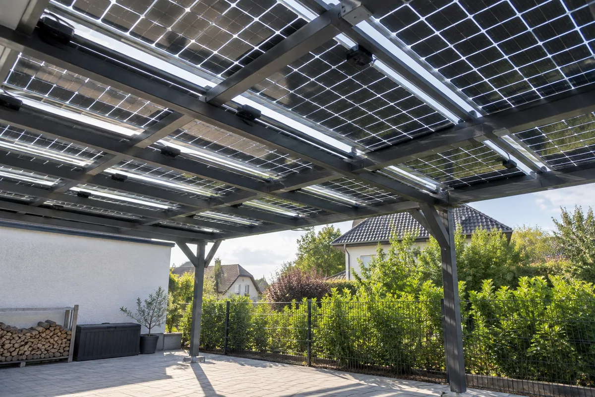 Blick unter eine Carport-Überdachung mit frei sichtbaren Rückseiten der Solarmodule.