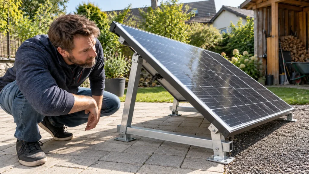 Seitlicher Blick auf ein frei aufgestelltes Solarmodul über hellem Pflaster und dunklen Dachziegeln.