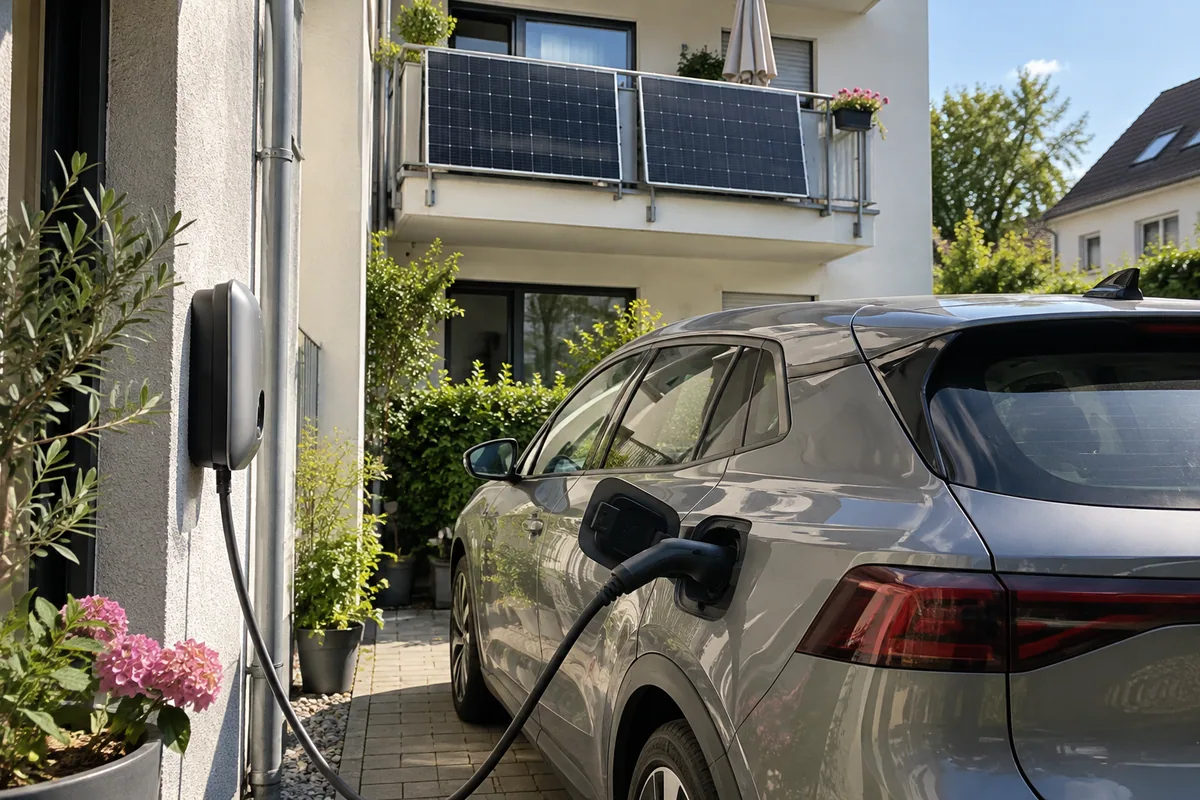 Ein E-Auto lädt mittags an einer privaten Wallbox, während Balkonmodule Sonnenstrom erzeugen.