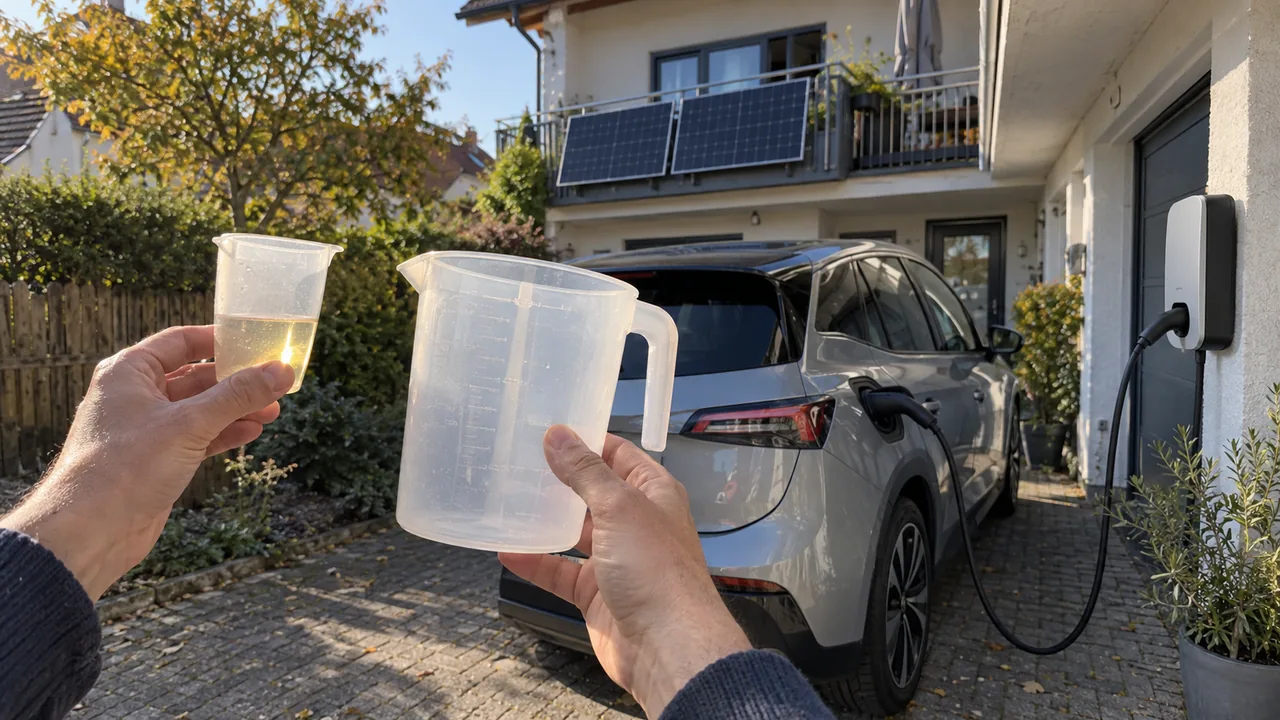 Ein angeschlossenes E-Auto und zwei unterschiedlich große Messbecher verdeutlichen den begrenzten Solaranteil.