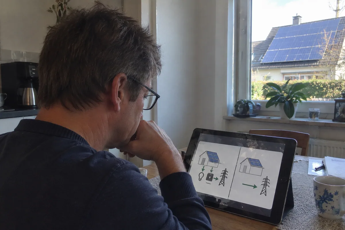 Hausbesitzer vergleicht Teileinspeisung und vollständige Einspeisung auf einem Tablet