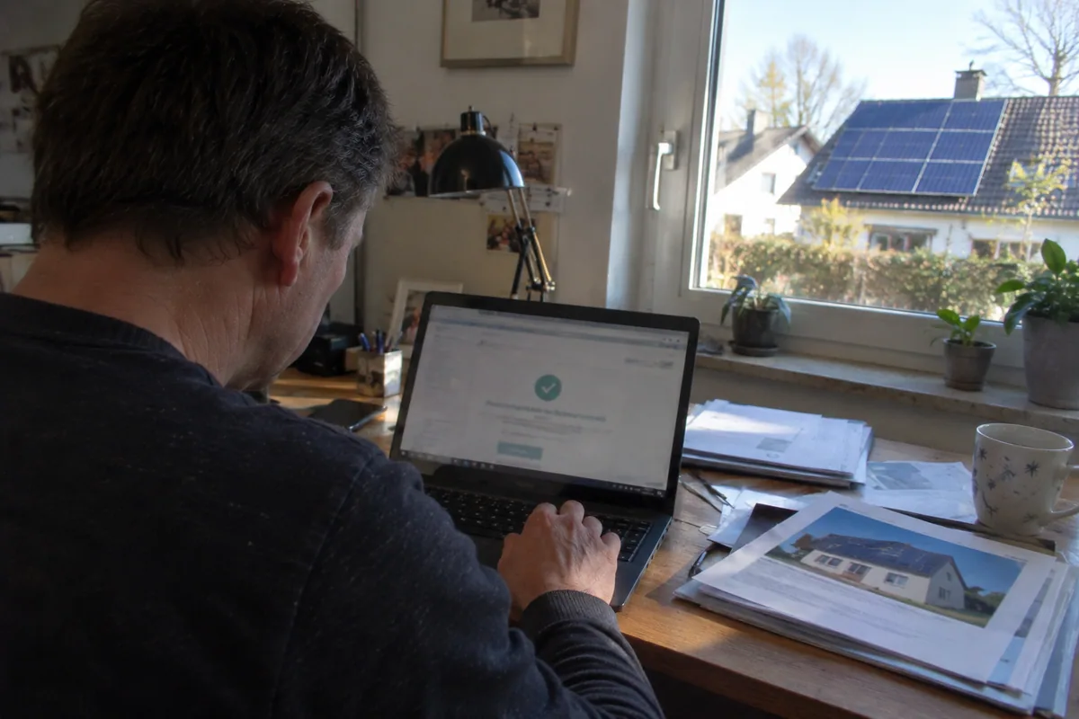 Betreiber prüft die Registrierungsbestätigung am Laptop