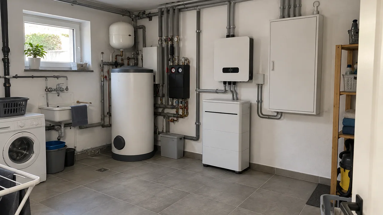 PV-Wechselrichter und Batteriespeicher in einem Hauswirtschaftsraum