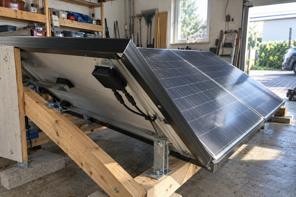 An einer bodennahen Demonstrationsanlage ist ein Optimierer unter einem teilweise verschatteten Solarmodul montiert.