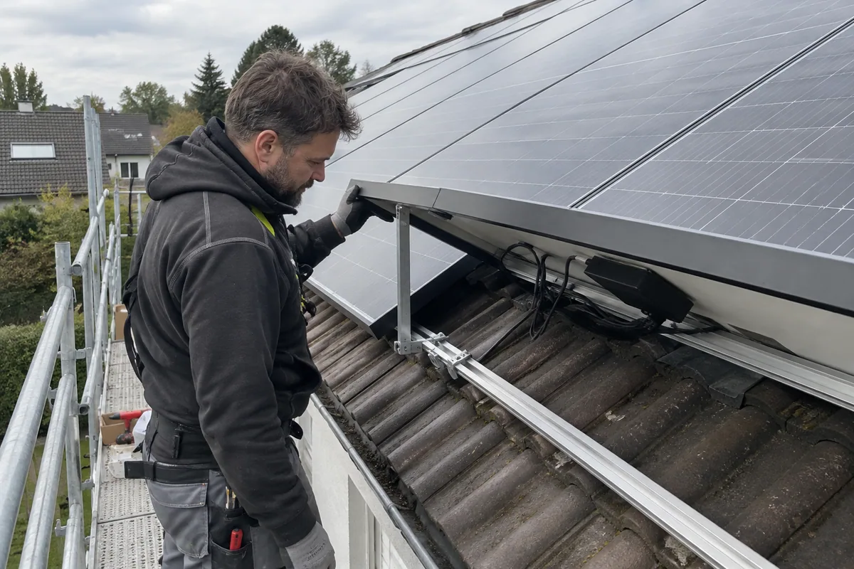 Eine Fachkraft erreicht vom Gerüst aus einen unter dem Solarmodul montierten Optimierer.