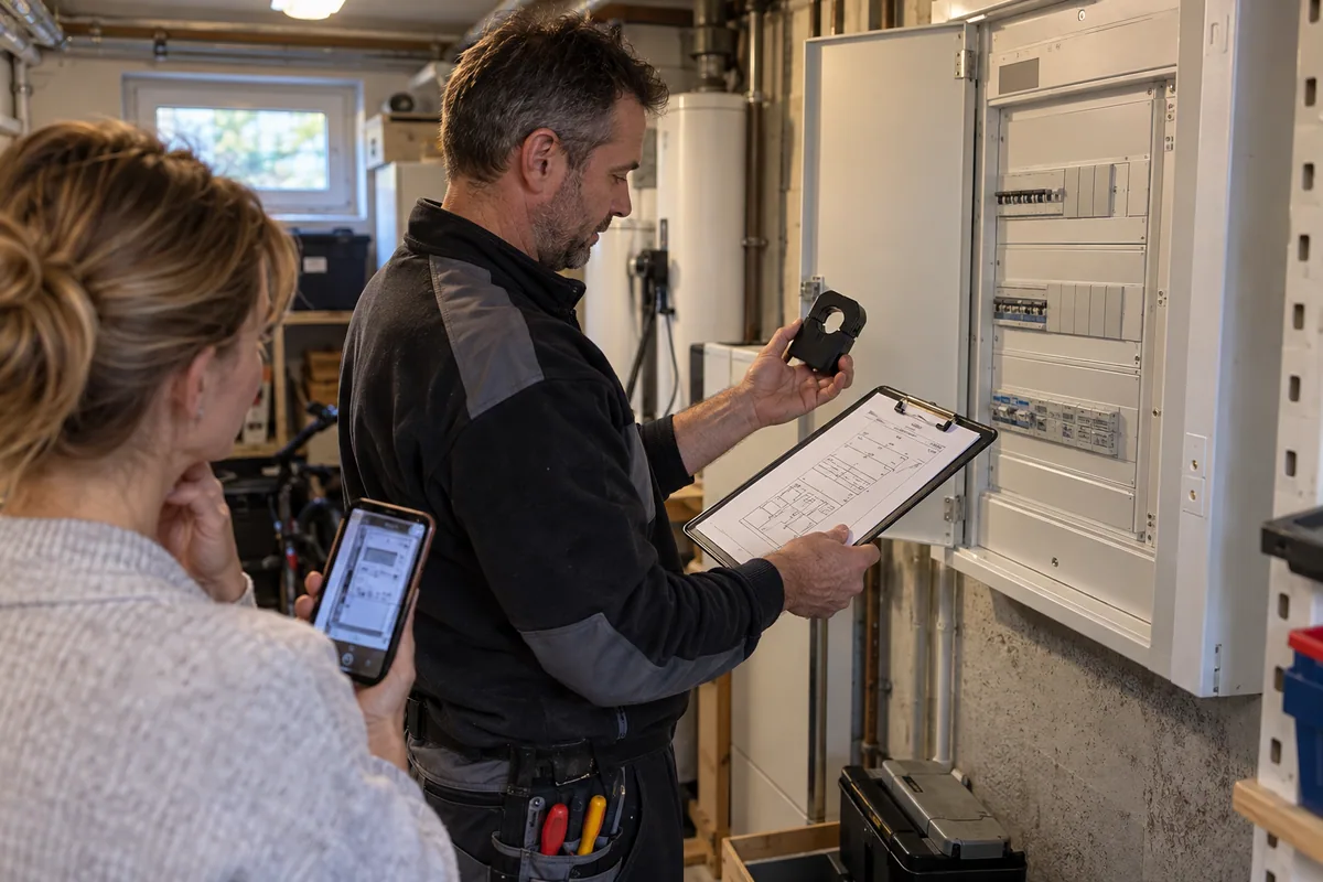 Eine Elektrofachkraft prüft mit Unterlagen den Platz an einem berührungssicher abgedeckten Stromverteiler.