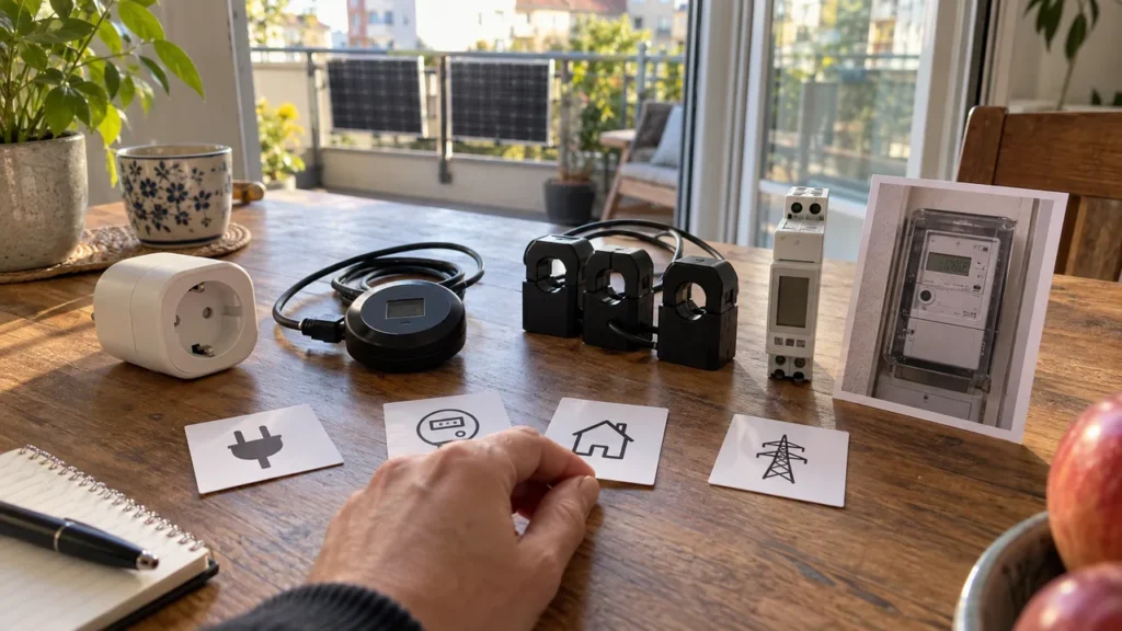 Eine Hand ordnet Smart Plug, optischen Lesekopf, Stromwandler und digitalen Stromzähler vier Messaufgaben zu.