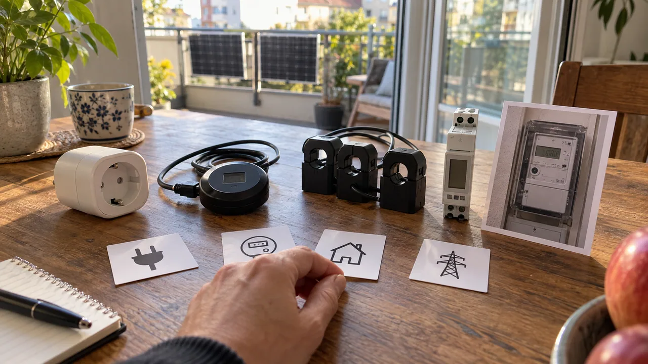 Eine Hand ordnet Smart Plug, optischen Lesekopf, Stromwandler und digitalen Stromzähler vier Messaufgaben zu.