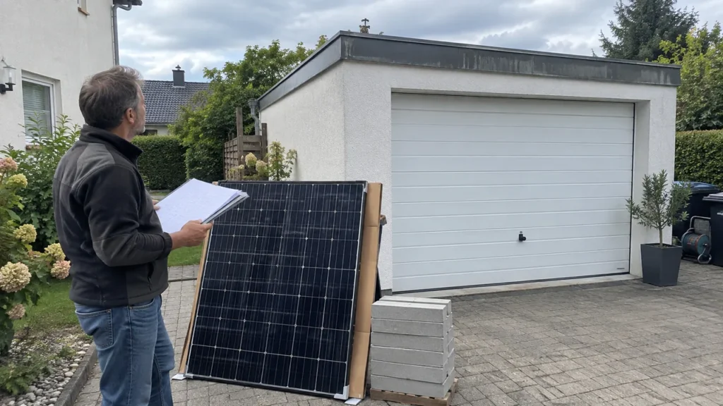 Eine Person vergleicht vor einer Flachdachgarage Bauunterlagen mit Solarmodul und Ballaststeinen.