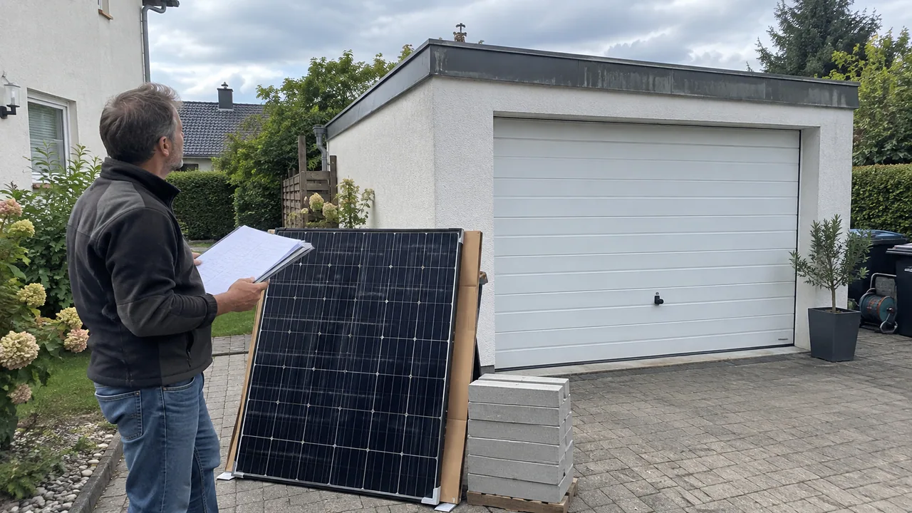Eine Person vergleicht vor einer Flachdachgarage Bauunterlagen mit Solarmodul und Ballaststeinen.
