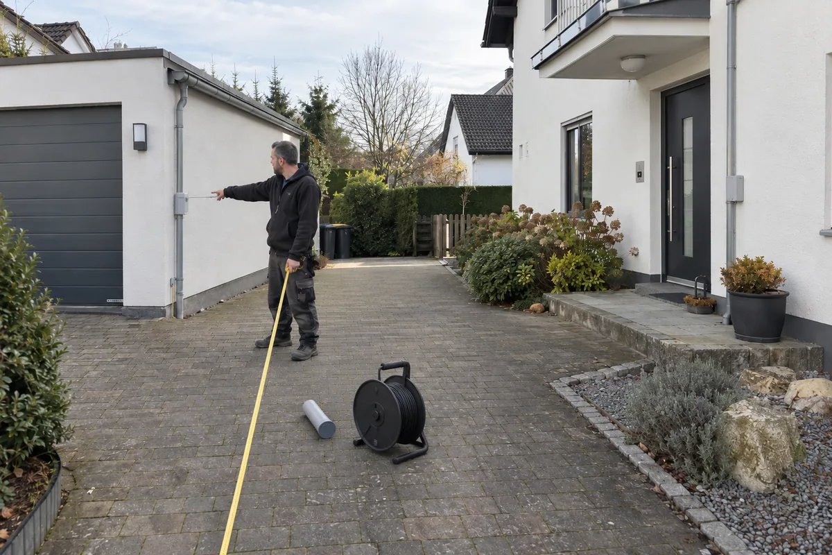 Eine Elektrofachkraft misst den geplanten Leitungsweg zwischen freistehender Garage und Wohnhaus.