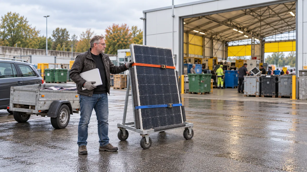 Eine Person steht mit einem gesicherten alten Solarmodul und Unterlagen vor einer kommunalen Rückgabestelle.