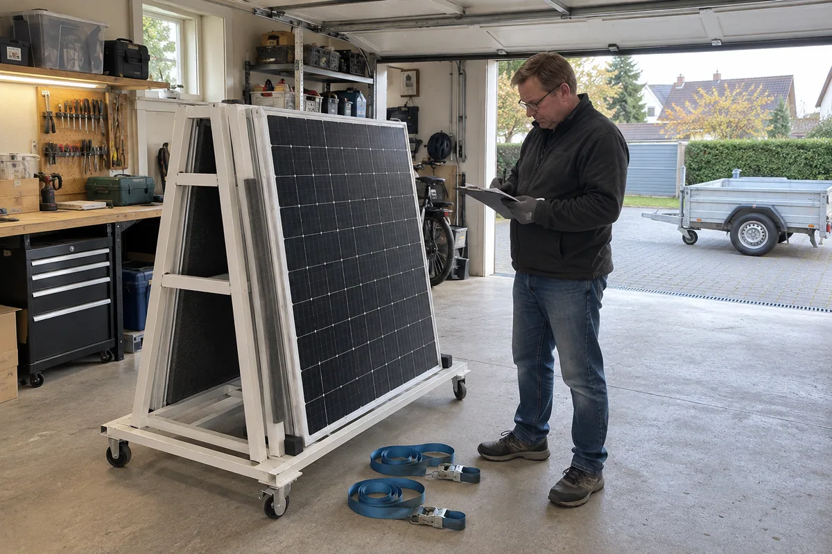 Zwei gepolsterte Altmodule stehen auf einem Transportgestell, während eine Person die Annahme telefonisch abstimmt.