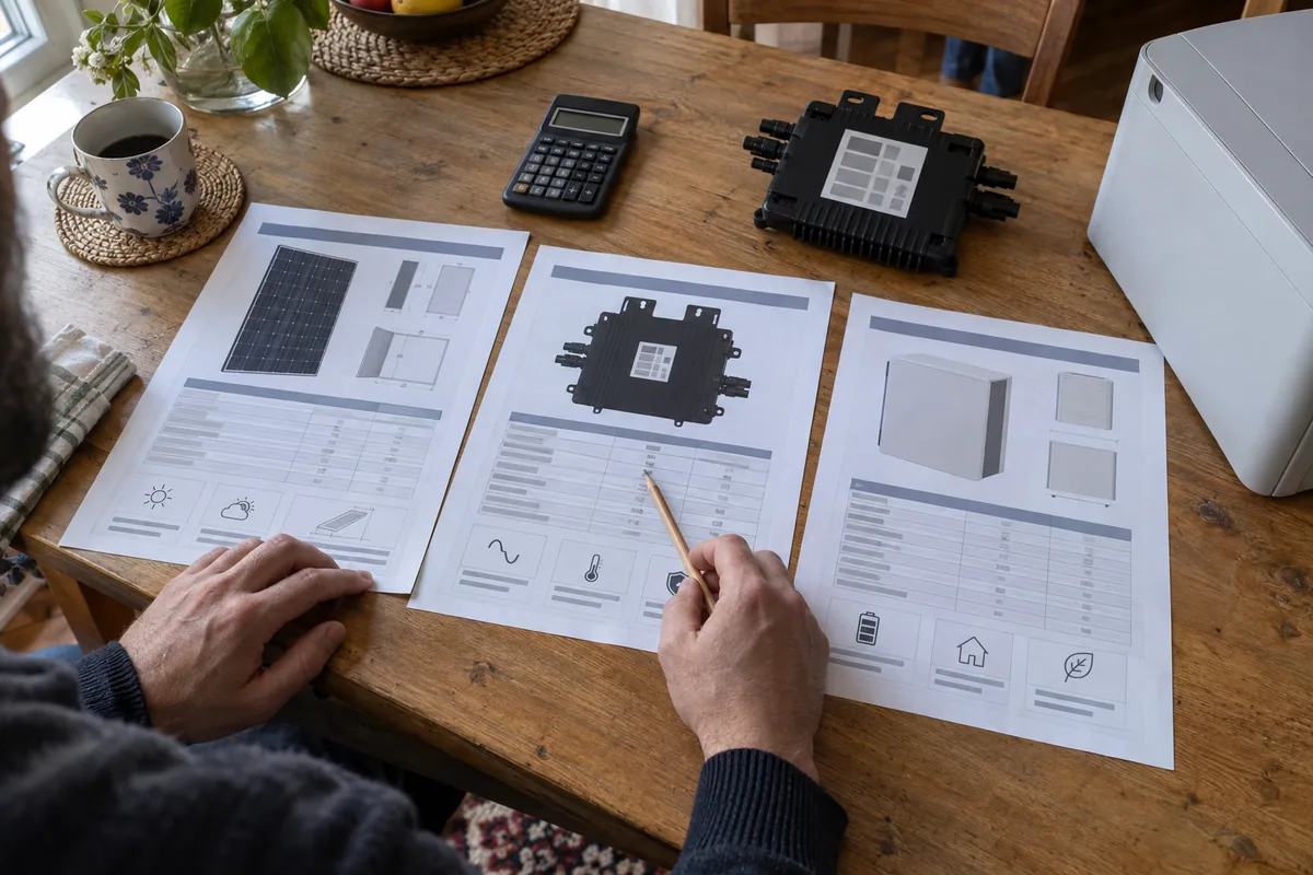 Hände vergleichen Datenblätter von Solarmodul, Mikrowechselrichter und Speicher auf einem Tisch.