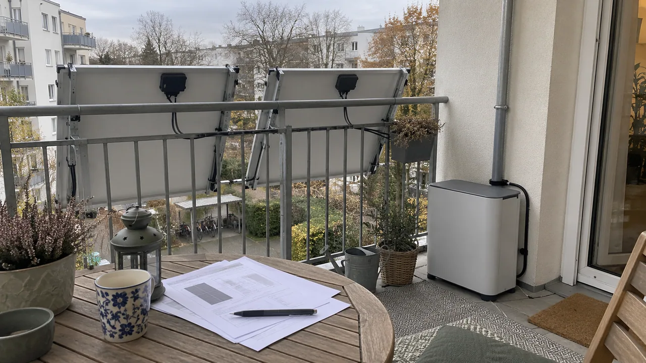 Helle Rückseiten außen montierter Balkonmodule neben Speicher und Unterlagen zur Kompatibilitätsprüfung