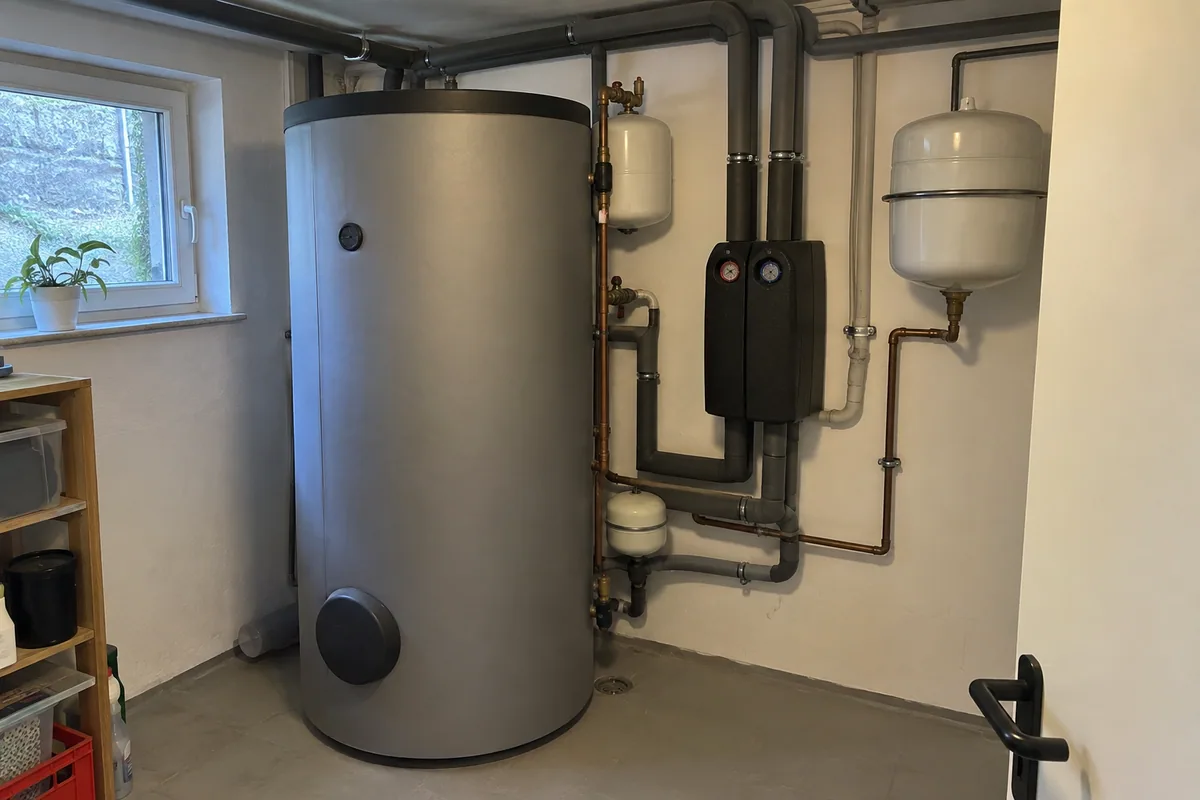 Geschlossener Warmwasserspeicher mit Solar-Pumpengruppe und gedämmten Leitungen in einem Technikraum.