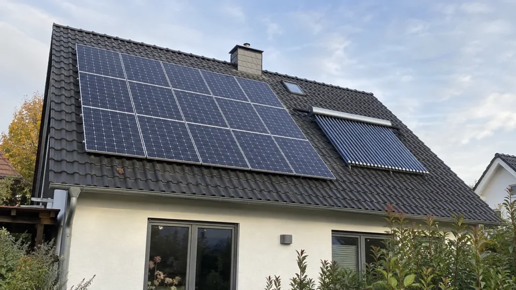 Geneigtes Hausdach mit Photovoltaikmodulen im Zellraster und Solarthermie-Kollektoren aus parallelen Vakuumröhren.