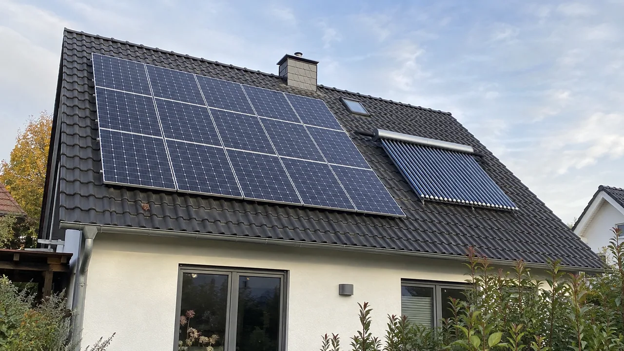 Geneigtes Hausdach mit Photovoltaikmodulen im Zellraster und Solarthermie-Kollektoren aus parallelen Vakuumröhren.
