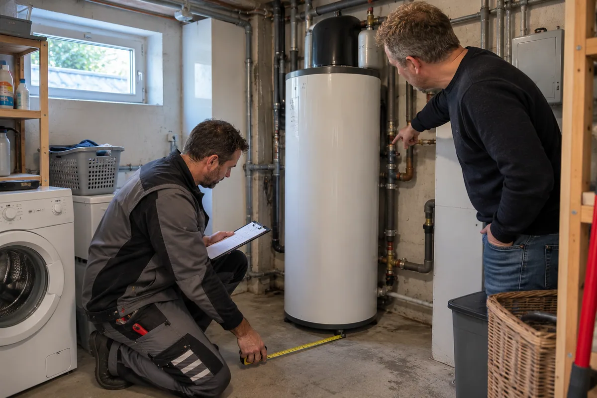 Eine Fachkraft und ein Hauseigentümer prüfen den Platz neben einem vorhandenen Warmwasserspeicher.