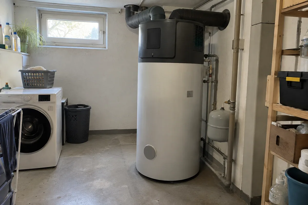 Eine kompakte Brauchwasser-Wärmepumpe steht mit freiem Platz in einem Hauswirtschaftsraum.