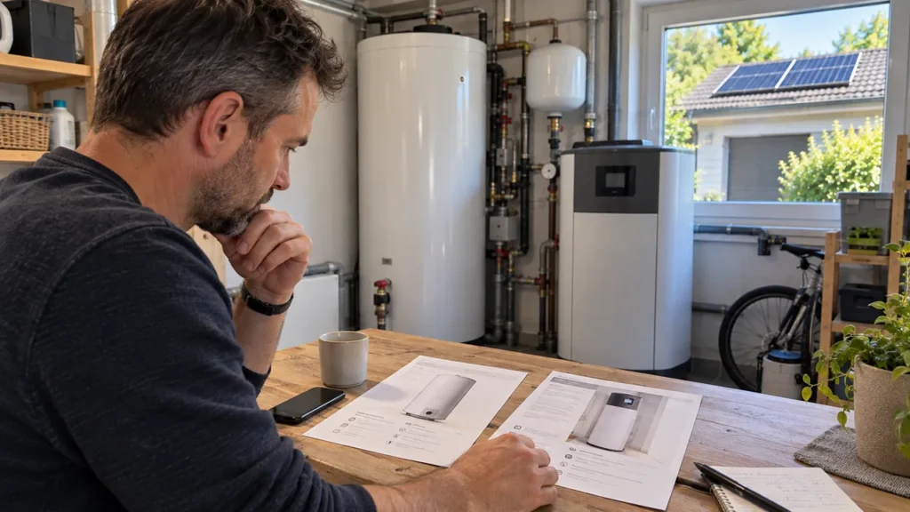 Eine Person vergleicht Warmwassertechnik neben einem Tank, während draußen Solarmodule zu sehen sind.