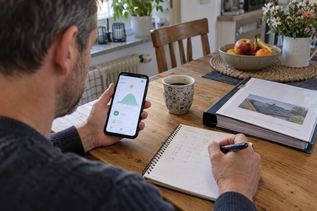 Hausbesitzer vergleicht eine Ertragskurve auf dem Smartphone mit eigenen Notizen.