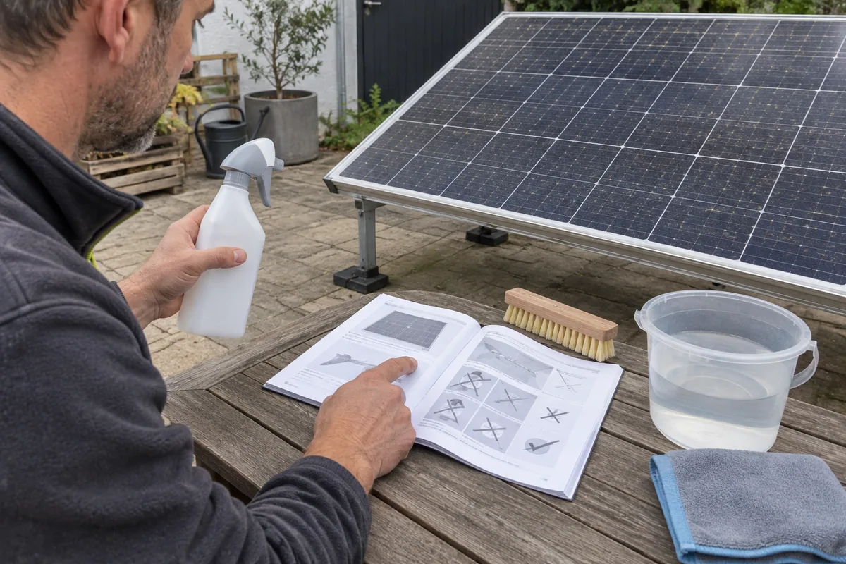 Eine Hand hält Reinigungsmittel zurück, während die Herstellerunterlagen neben einem zugänglichen Solarmodul geprüft werden.
