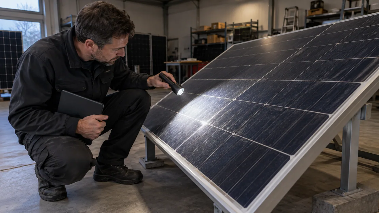 Techniker richtet eine Prüflampe auf einen begrenzten Bereich eines sicher aufgestellten Solarmoduls.