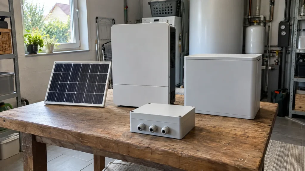Ein zentrales Kombigerät steht zwischen PV-Modul, Akku und einer separat liegenden Backup-Box.
