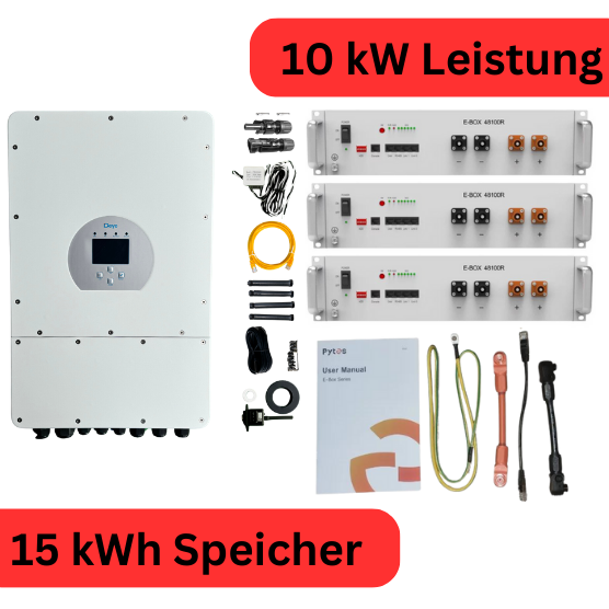 Deye/Pytes Komplettset 10 kW Hybridwechselrichter & 15 kWh Batteriespeicher (SUN-10K-SG04LP3-EU & E-BOX-48100R 5,12 kWh)