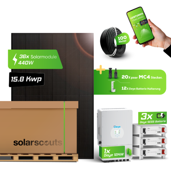PV-Komplettset: 16,2 kWp JA Solar + Deye 12kW Hybrid-Wechselrichter + 5,12kWh Deye Speicher SE-F5 Pro-C