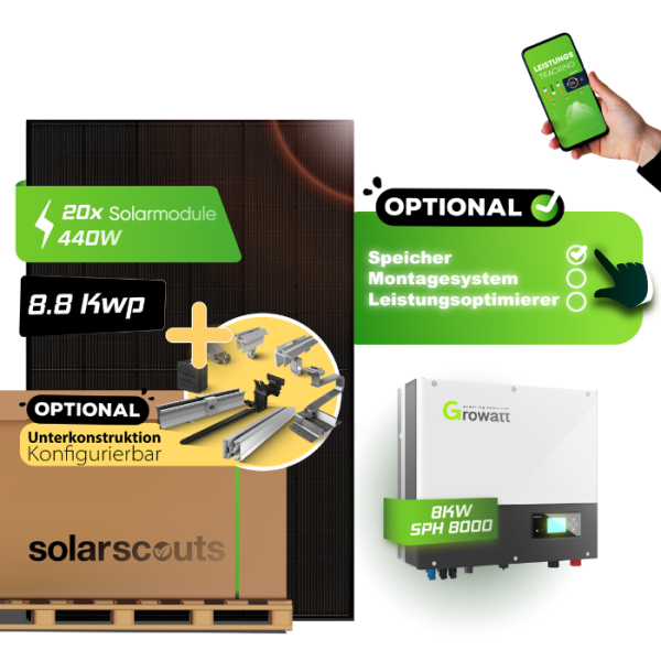 Solarscouts 9,1 kWp Komplettset Photovoltaikanlage | Bifacial & Fullblack| 8 kW Growatt SPH | Speicher konfigurierbar