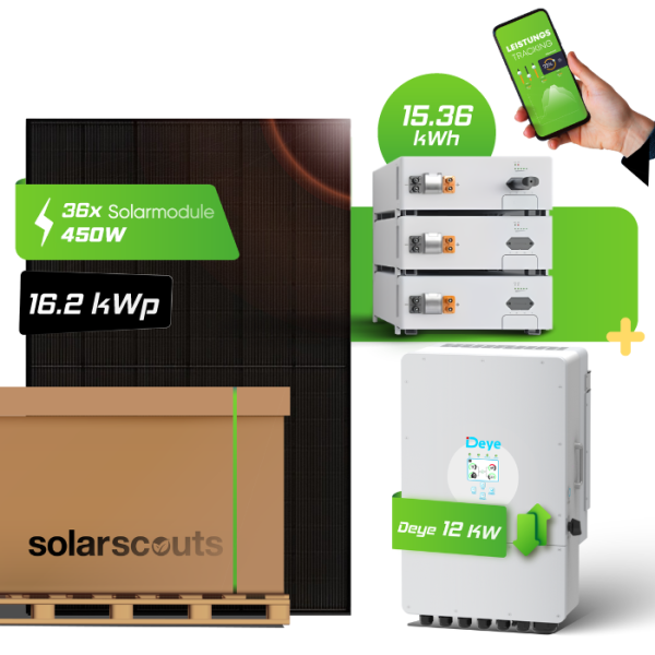 PV-Komplettset: JA Solar 16,2kWp Full Black + Deye 12kW + 15,36kWh Deye Speicher