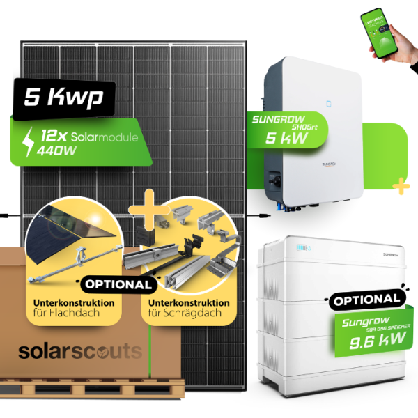 5,46 kWp Komplettanlage Sungrow Wechselrichter (SH5.0RT)- AIKO oder JA Solar Solarmodule - Speicherfähig