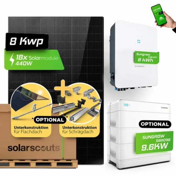 8 kW Solaranlage mit Speicher (Optional) | Doppelglasl & Fullblack | 8kW Sungrow | 12,8 kWh Speicher (Optional)