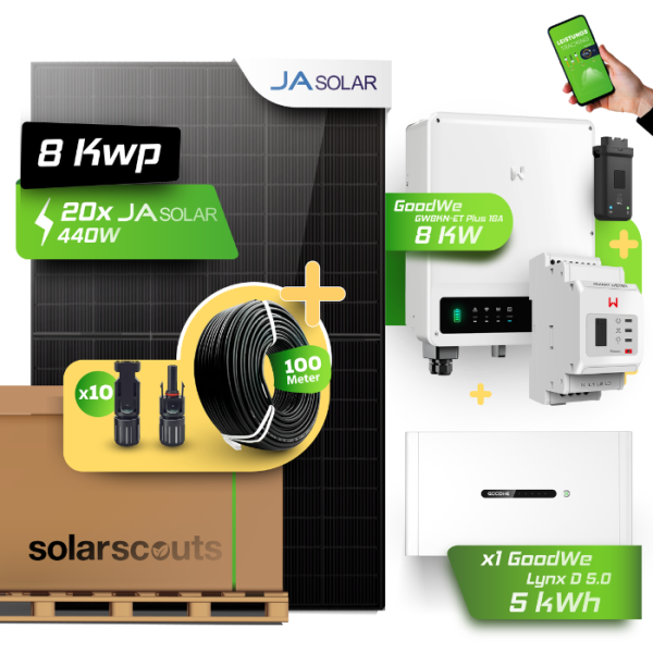 GoodWe Photovoltaikanlage 9,1 kW Komplettset – 20x JA Solar 455W Fullblack & GoodWe GW8KN-ET Plus 16A- 8kW Wechselrichter mit GoodWe Lynx Home D 5.0-10 5kWh HV-Speicher