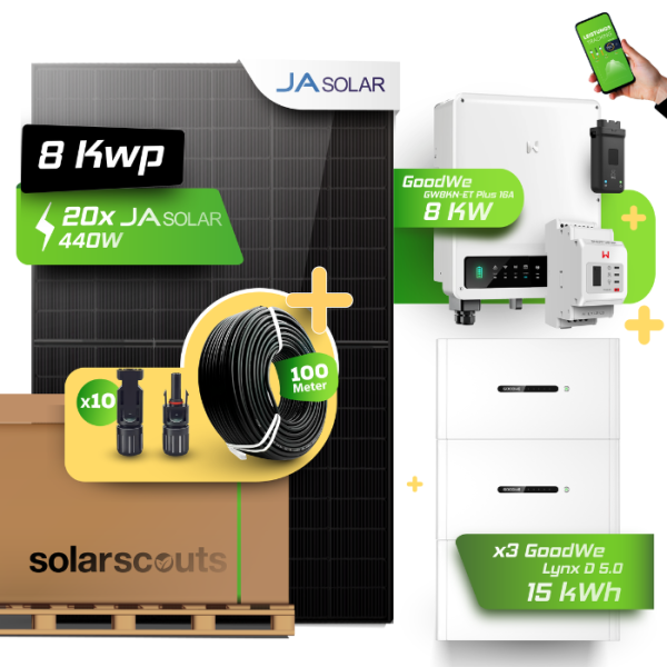 GoodWe Photovoltaikanlage 9,1 kW Komplettset – 20x JA Solar 455W Fullblack & GoodWe GW8KN-ET Plus 16A- 8kW Wechselrichter mit GoodWe Lynx Home D 5.0-10 15kWh HV-Speicher