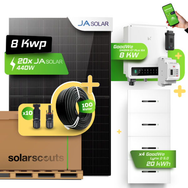 GoodWe Photovoltaikanlage 9,1 kW Komplettset – 20x JA Solar 455W Fullblack & GoodWe GW8KN-ET Plus 16A- 8kW Wechselrichter mit GoodWe Lynx Home D 5.0-10 20kWh HV-Speicher