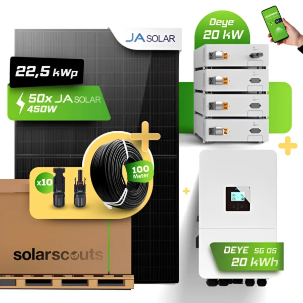 PV-Komplettset: 22,5 kWp JA Solar + Deye 20kW WR + 20,48kWh Speicher