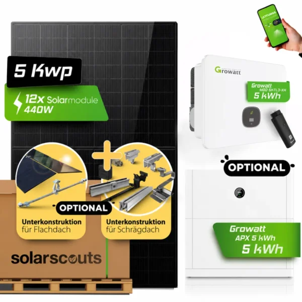 5 kWp PV-Komplettanlage mit Growatt Hybrid & APX Hochvolt-Speicher (Optional) | Bifazial Fullblack Solarmodule