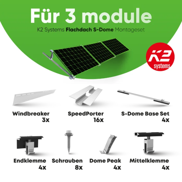 K2 Systems S-Dome 6.10 Classic - Flachdach Komplettset für 3 Module (Süd) - 10° Neigung