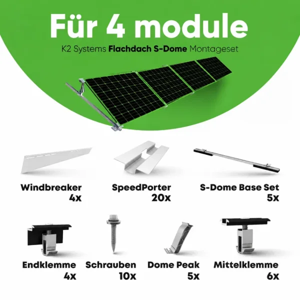 K2 Systems S-Dome 6.15 Classic - Flachdach Komplettset für 4 Module (Süd) - 15° Neigung