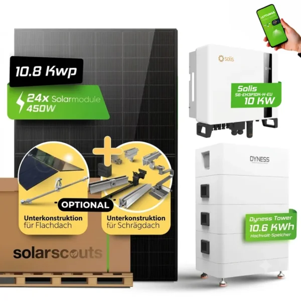 Komplett-Set: 10,8kWp JA Solar + 10kW Solis Wechselrichter + 10,6kWh Dyness HV Speicher